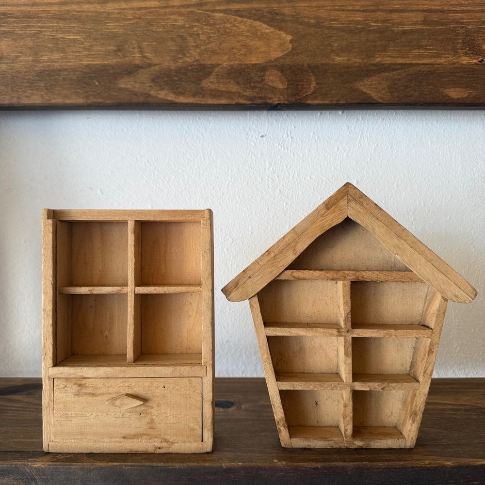 2pc Wooden Miniature Display Shelf Shadow Box Set Wall Curio House Drawer